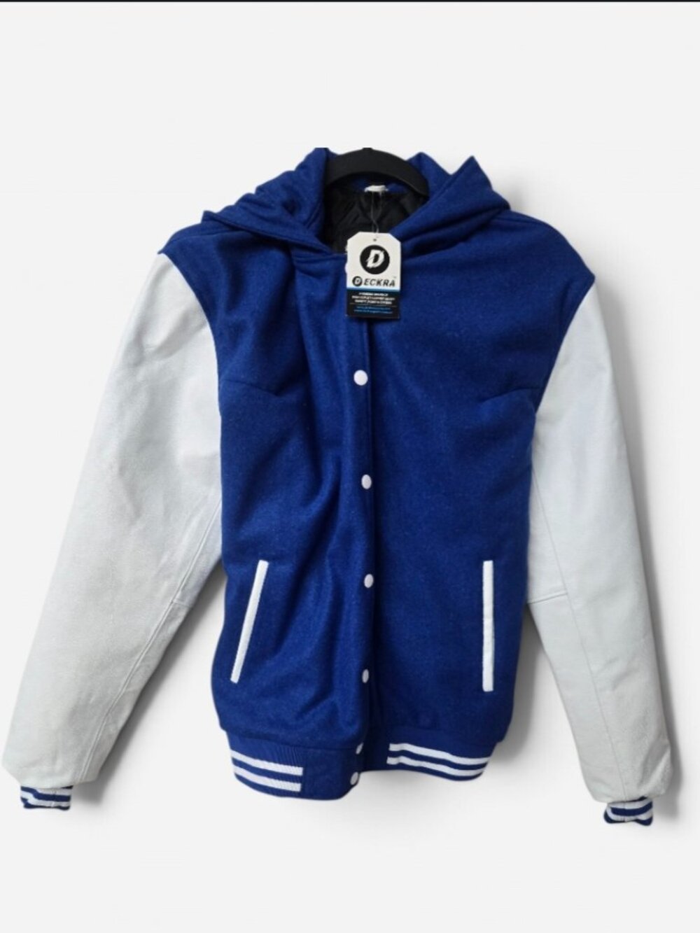 NWT Deckra Varsity Letterman Jacket Blue Wool Hooded Cowhide Leather